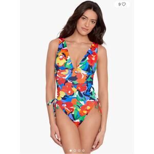 Lauren Ralph Lauren Women's Shirred Plunge-Neck One-Piece Swimsuit Size 14 NWT